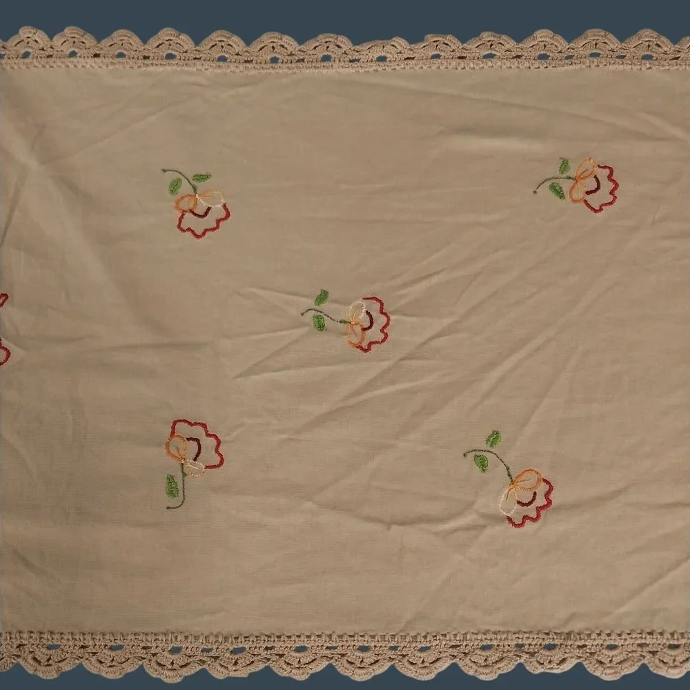 Embroidered Flowers Floral Table Runner Dresser Scarf With Crocheted Edges 57